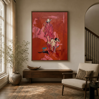 Expressive red western figurative art displayed in entryway with arched doorway and dried botanicals