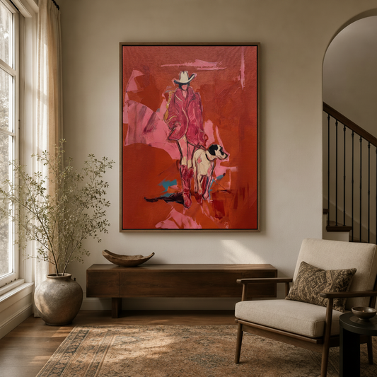 Expressive red western figurative art displayed in entryway with arched doorway and dried botanicals