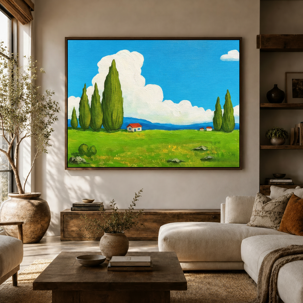 Vibrant cypress tree and red cottage Tuscan oil painting canvas hung above a white sofa in a bright living room