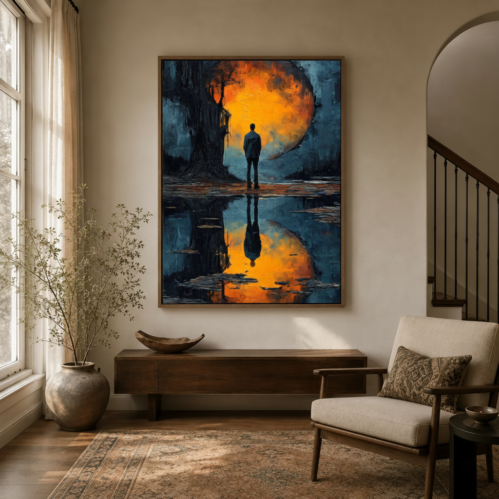Surrealist solitude figure canvas in float frame above dark wood console in warm transitional entryway