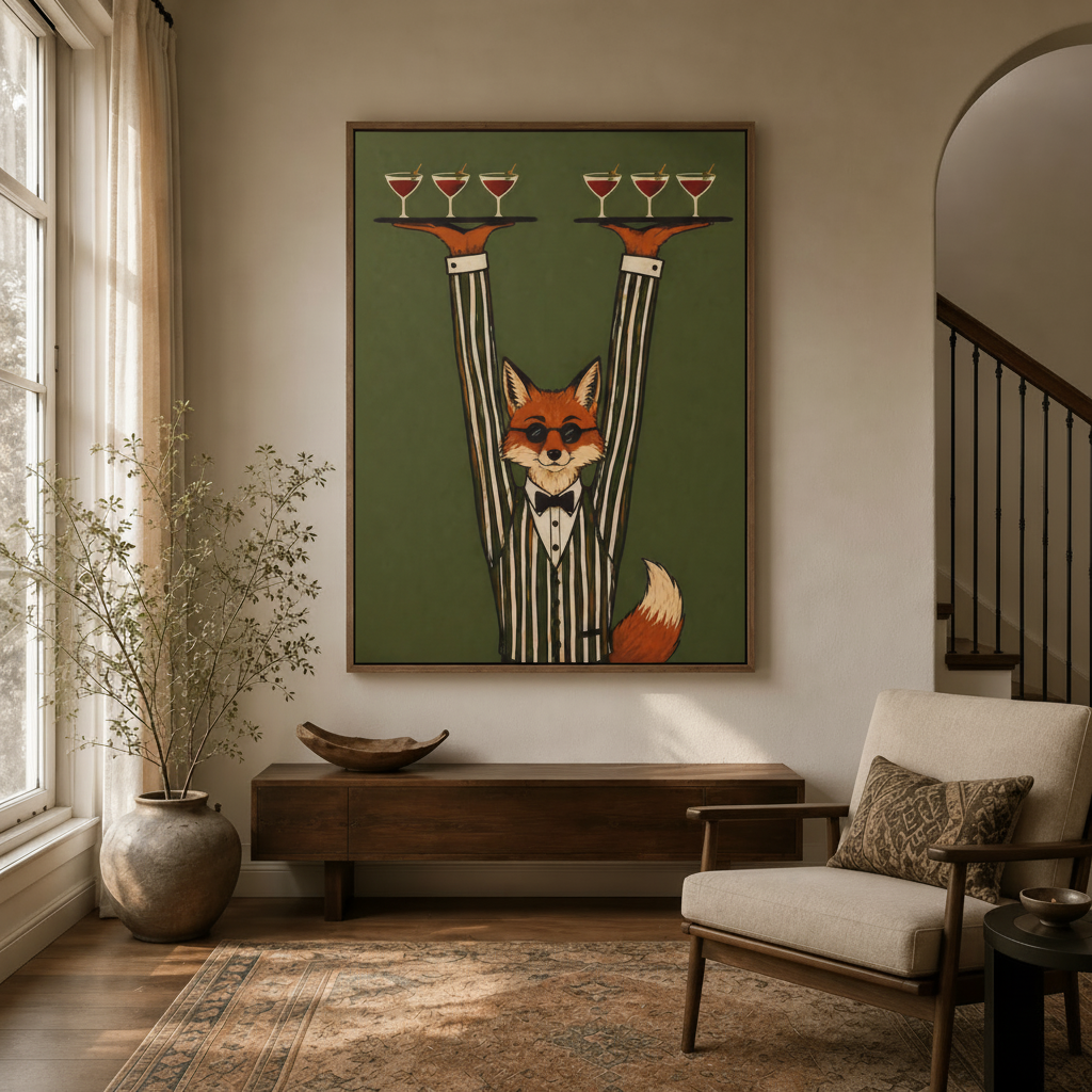 Retro fox waiter canvas print displayed in a bright modern entryway with arched doorway and staircase