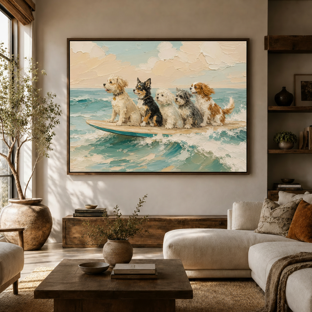 Surfing dogs canvas wall art displayed above a wood console in a sunlit living room