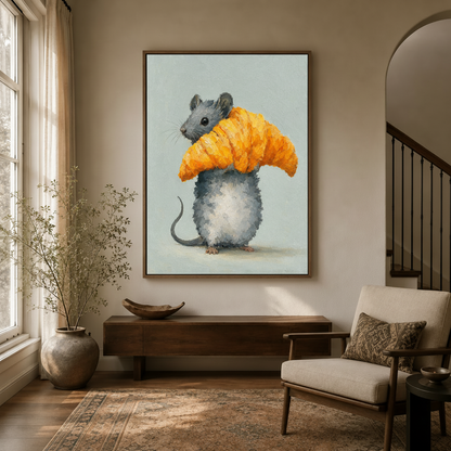 Gray mouse hugging golden croissant oil painting in float frame, warm hallway entryway setting