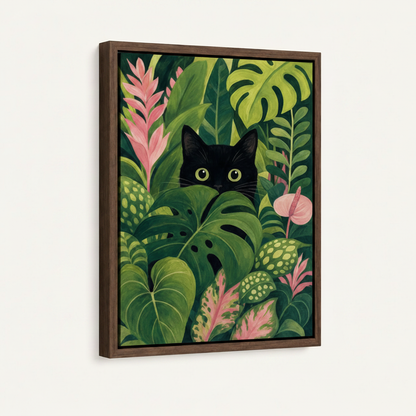 Tropical black cat monstera jungle bold illustration canvas in walnut float frame, 3/4 angle left view