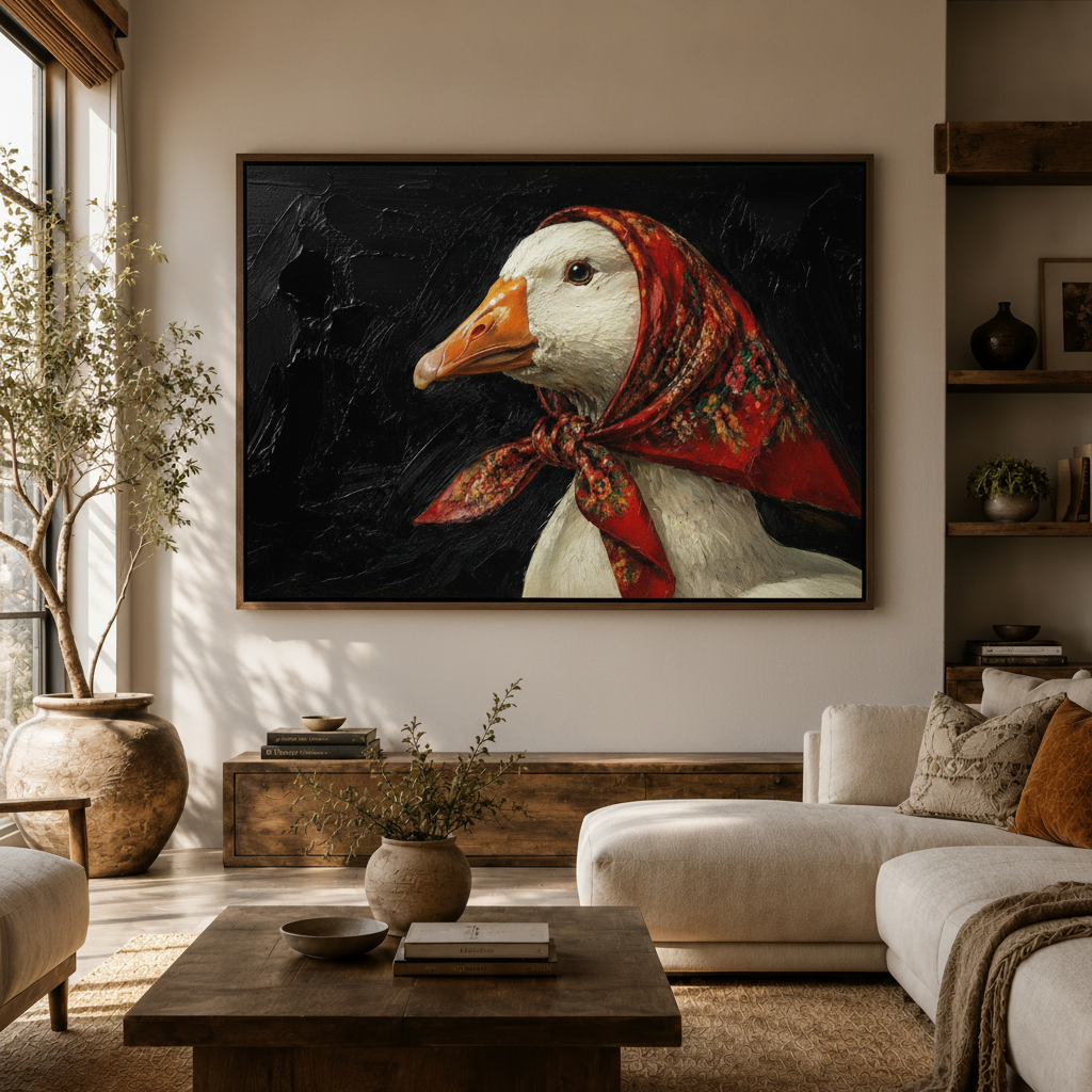 Bold goose canvas wall art in dark float frame displayed above sofa in modern living room