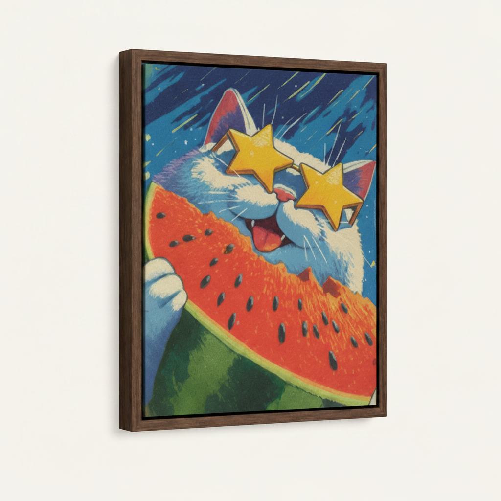 Bold cat watermelon retro pop canvas in wide dark walnut float frame, 3/4 angle portrait product mockup