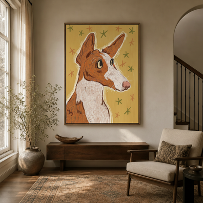 Brown and white Ibizan Hound portrait folk art canvas in dark walnut floating frame in modern entryway with arched doorway