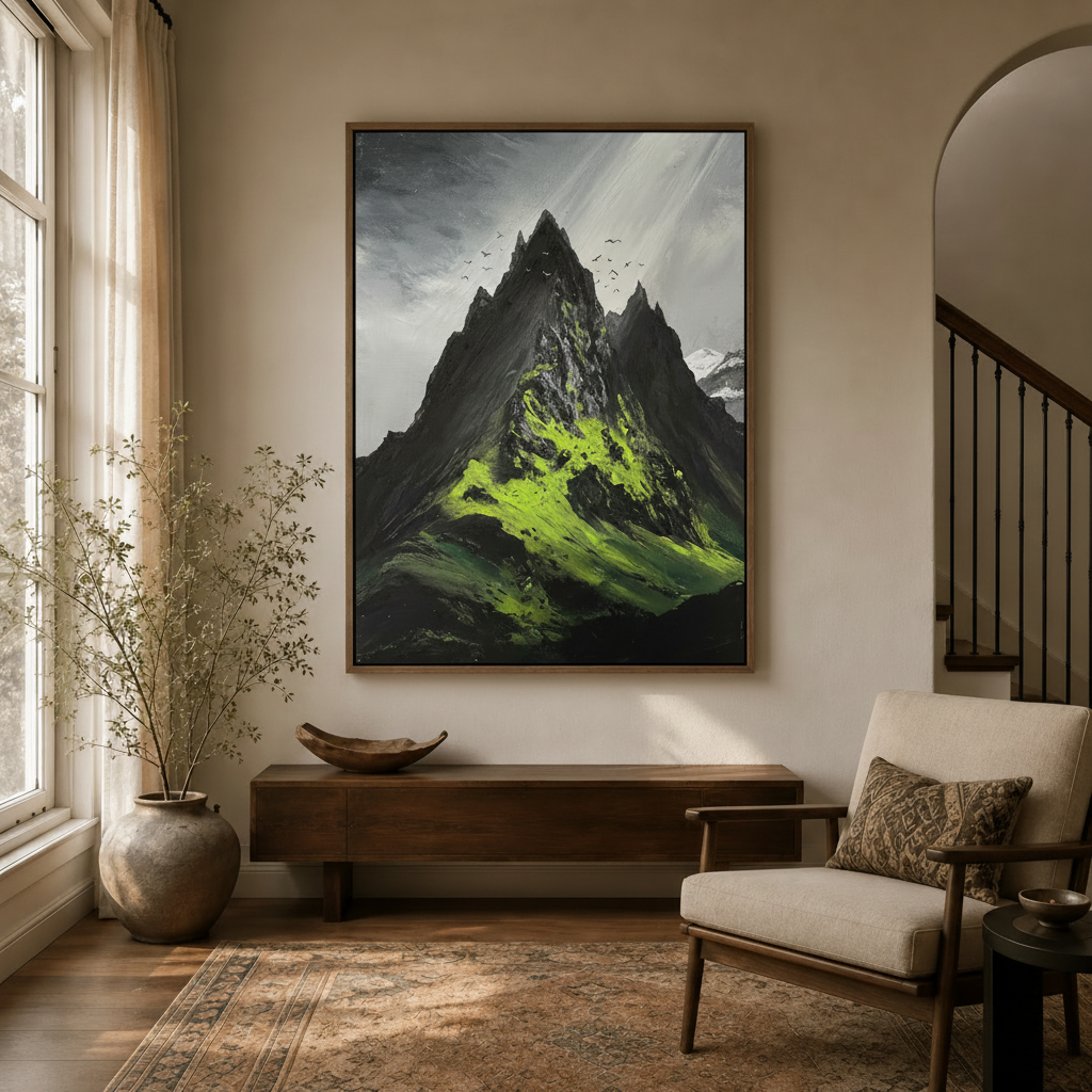 Bold emerald peak landscape canvas art displayed in a modern entryway with arched doorway