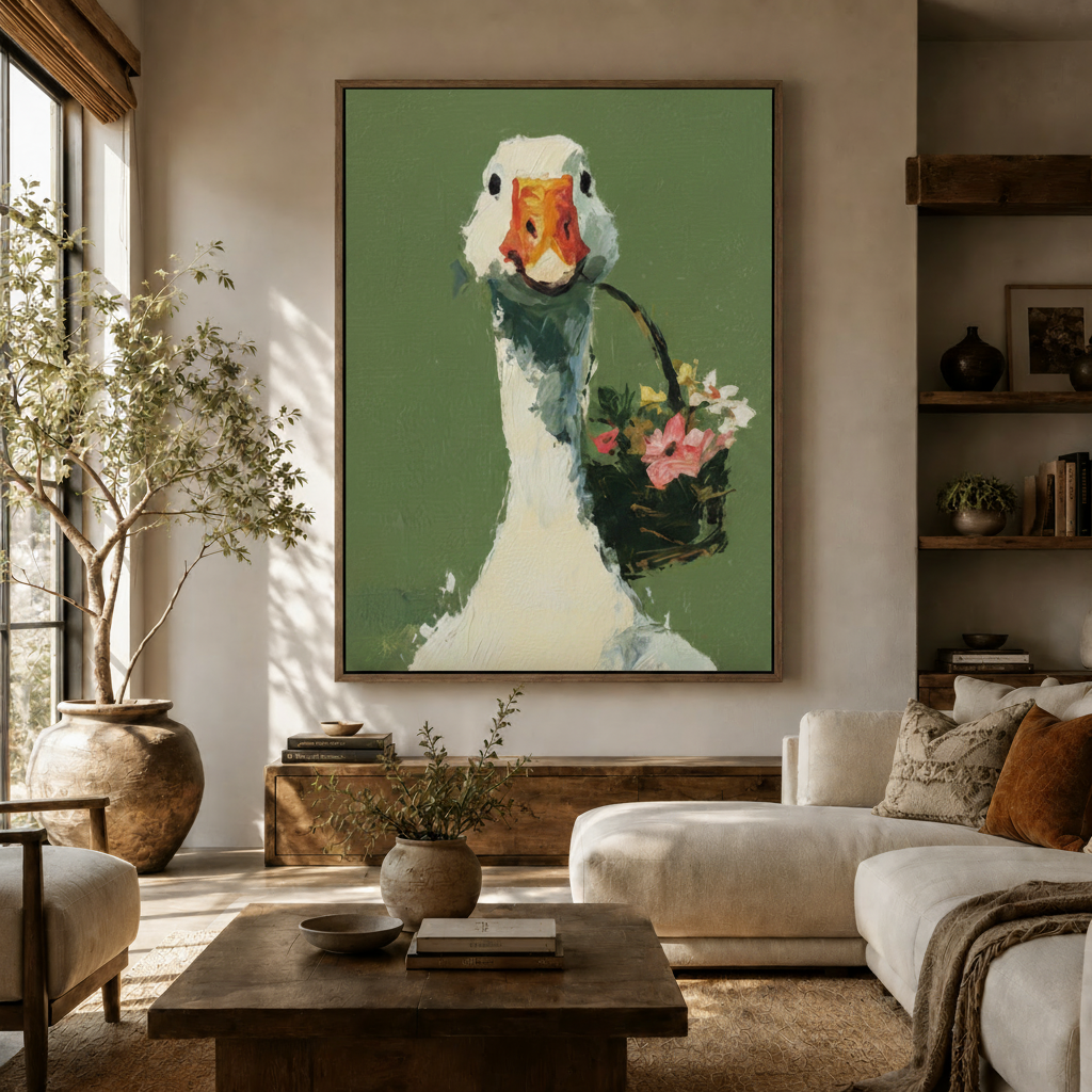 Expressive goose wall art in dark walnut floater frame above living room console beside olive tree
