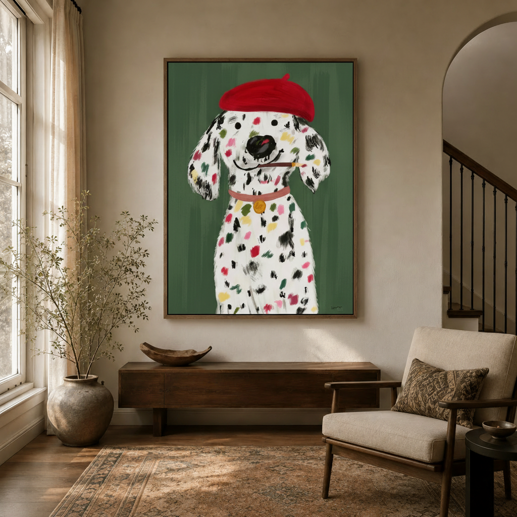 Colorful spotted dog wall art displayed in a cozy entryway with dried branch arrangement