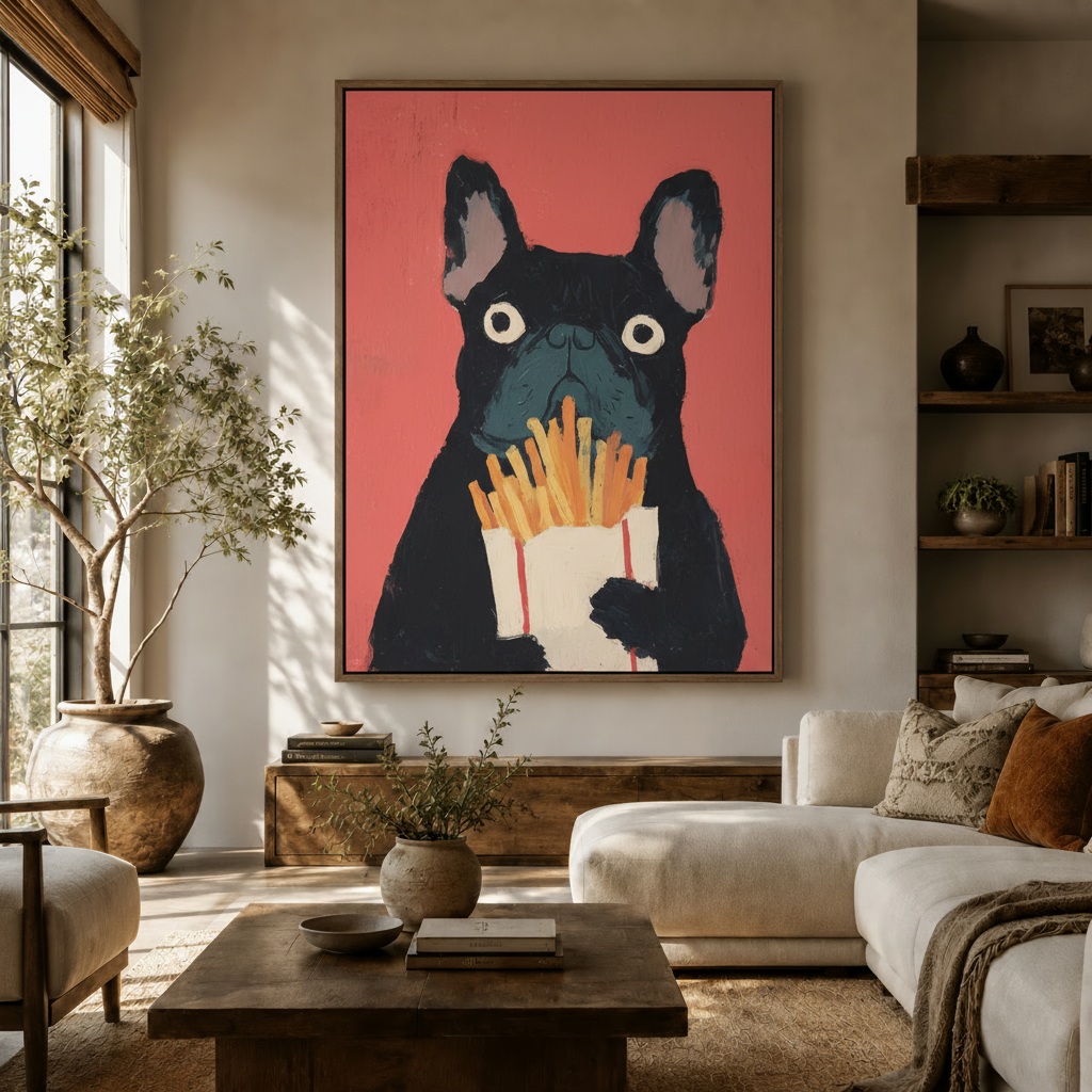 Funny dog wall art featuring a French Bulldog holding fries hung above a white sofa in a modern living room