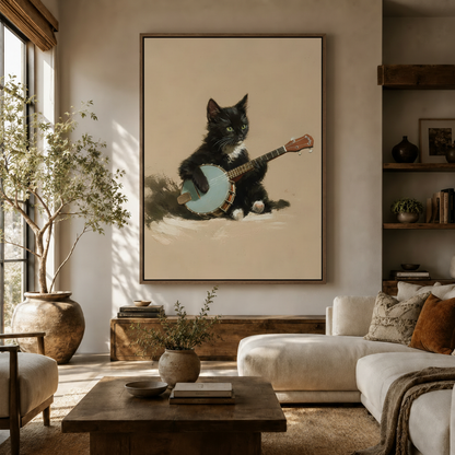 Whimsical tuxedo kitten playing banjo impasto painting framed canvas in a bright boho living room
