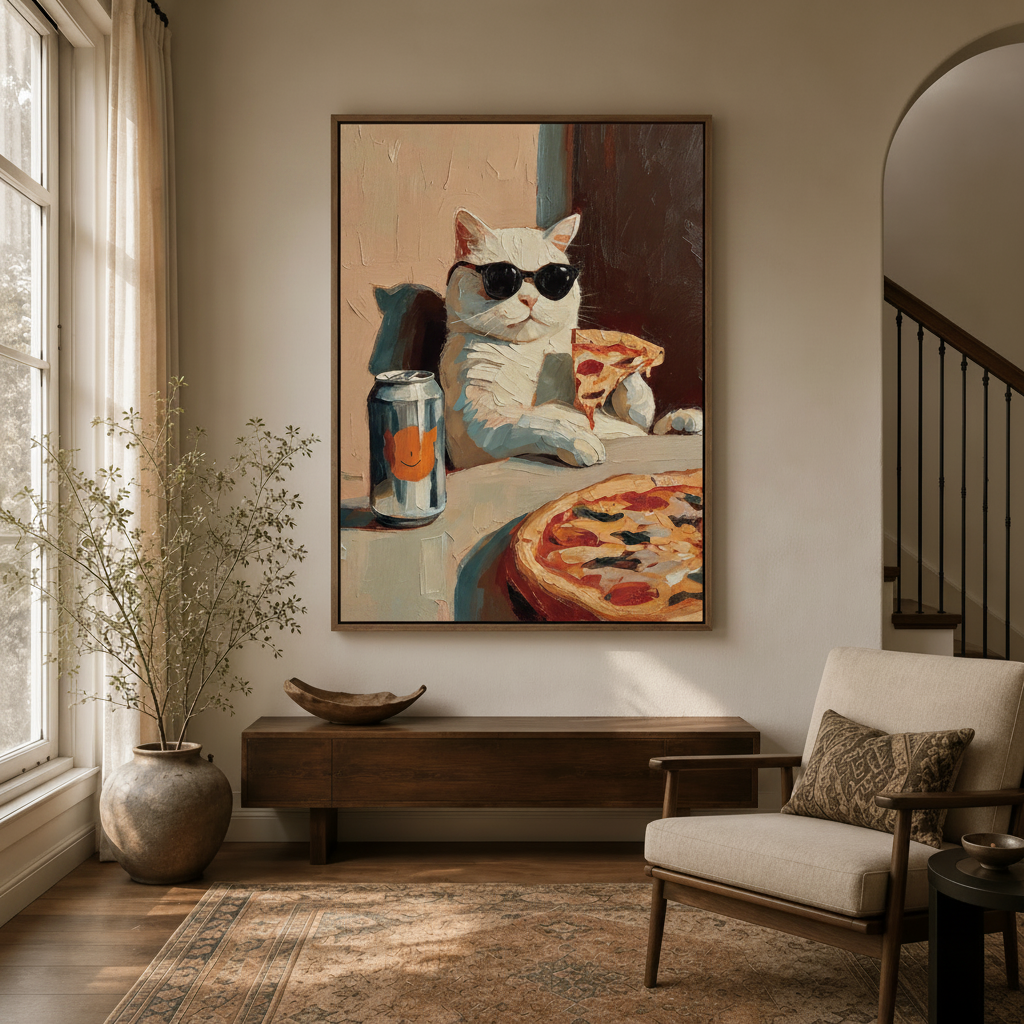 Framed cool cat pizza impasto painting hanging in a warm entryway with walnut console and dried branches