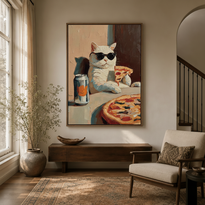 Framed cool cat pizza impasto painting hanging in a warm entryway with walnut console and dried branches