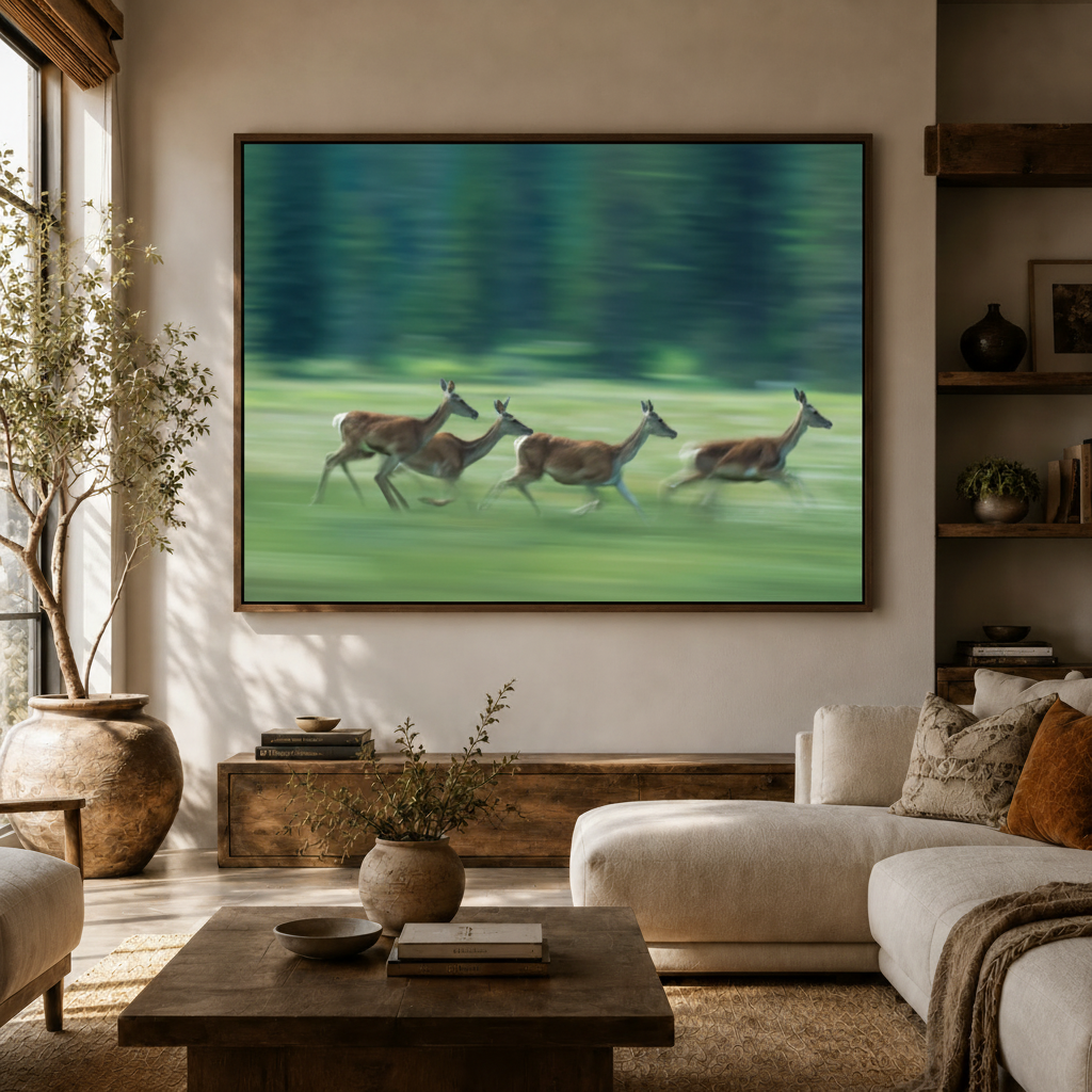 Classical wildlife canvas wall art displayed in cozy living room with white sofa