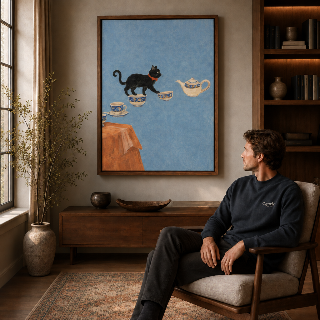 Framed black cat and teacups canvas above a wooden cabinet near a seated man.