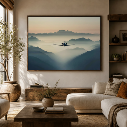 Aerial landscape framed canvas above white sofa in cozy living room with olive tree