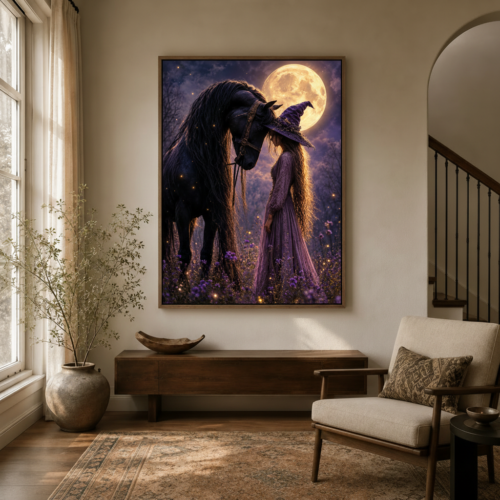 Mystical black horse and witch full moon canvas print hanging in bright entryway with arched doorway and staircase