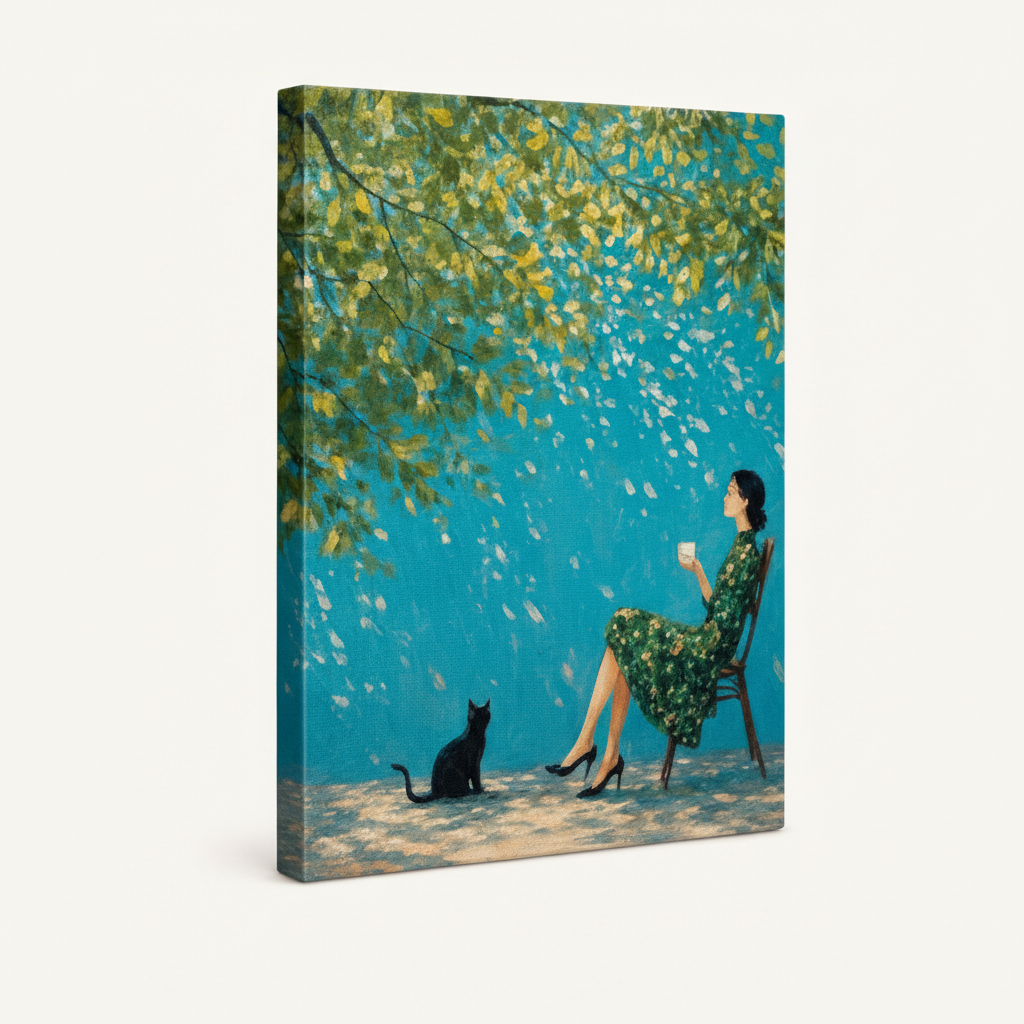 Gallery-wrapped woman and black cat canvas with cerulean blue wrap sides on off-white background