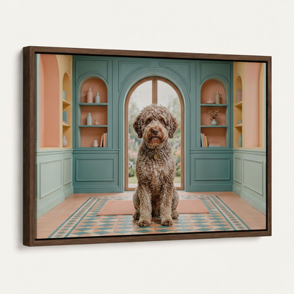 Framed labradoodle canvas print in dark walnut float frame angled product view white background