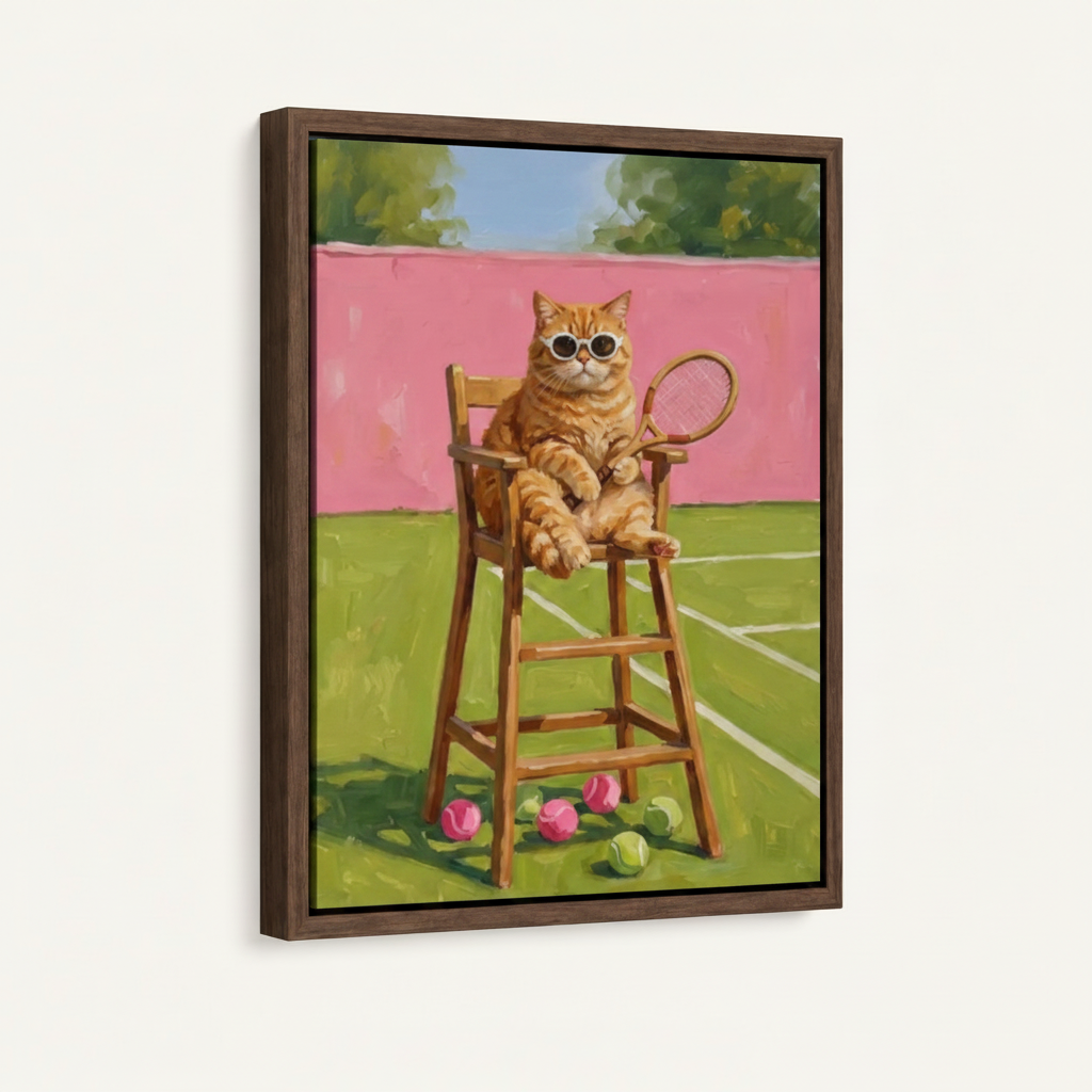 Chubby tabby cat tennis umpire retro colorful illustration canvas in wide dark walnut float frame, 3/4 angle