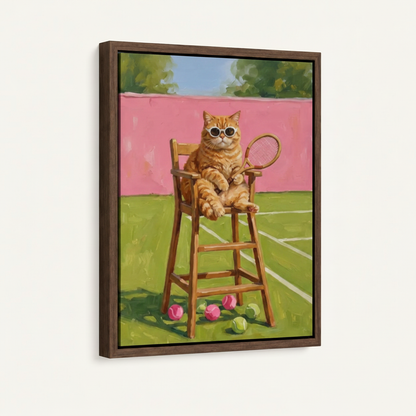 Chubby tabby cat tennis umpire retro colorful illustration canvas in wide dark walnut float frame, 3/4 angle