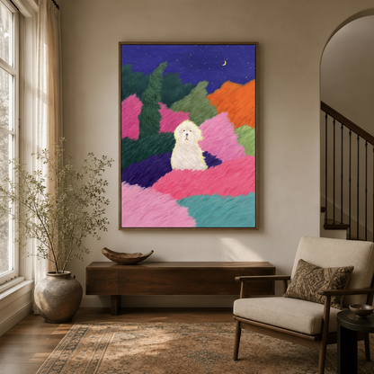 Colorful impasto white dog starry night canvas print in dark walnut floating frame in modern entryway with arched doorway