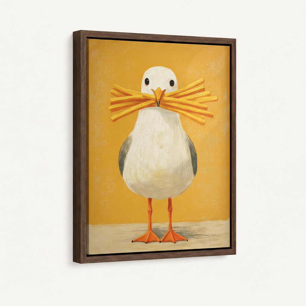 Framed canvas close-up showing seagull holding golden french fries on amber background