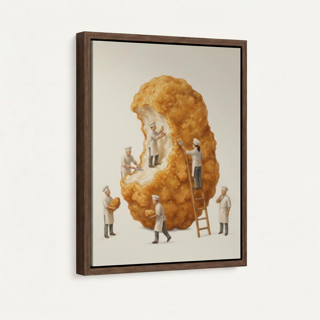 Surreal tiny chefs fried chicken canvas in wide dark walnut float frame, 3/4 angle portrait mockup view