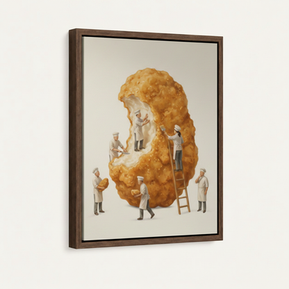 Surreal tiny chefs fried chicken canvas in wide dark walnut float frame, 3/4 angle portrait mockup view