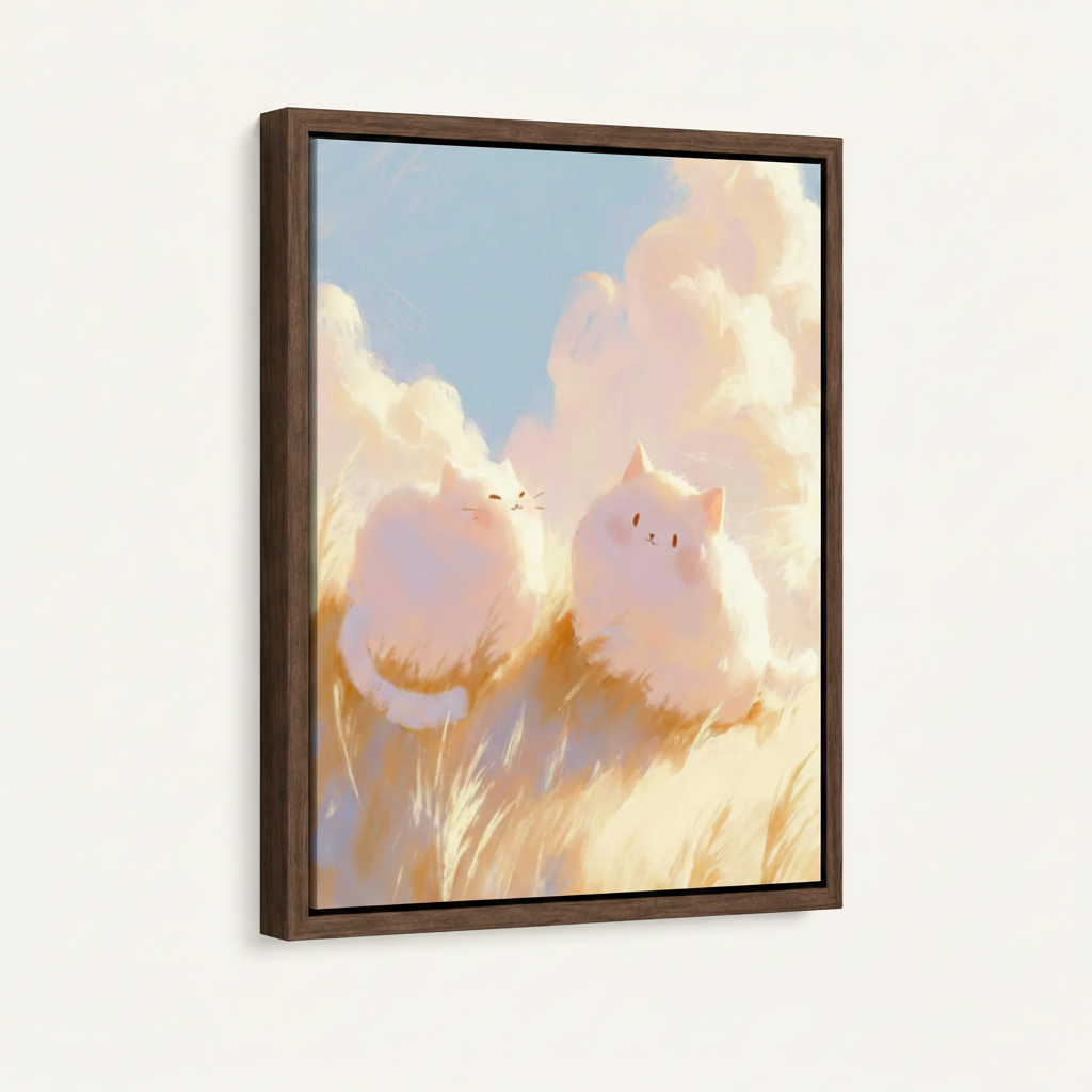Round white cats wheat field soft cloud illustration canvas in dark walnut wide float frame, 3/4 left angle
