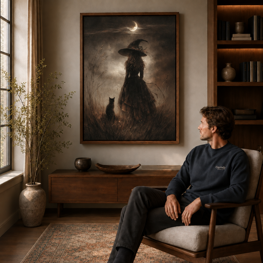 Moody crescent moon witch wall art displayed above a wood cabinet beside a seated man.