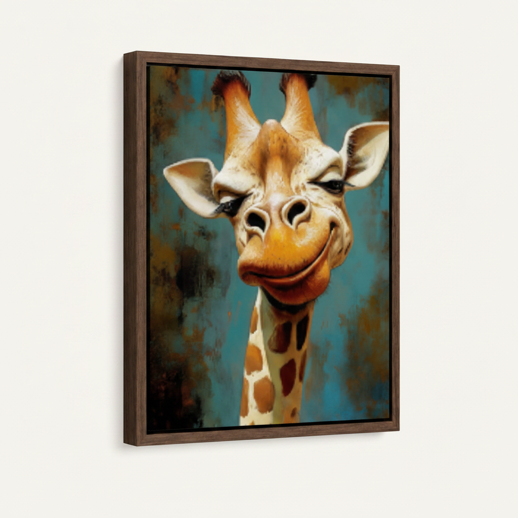 Humorous giraffe smiling canvas in dark walnut float frame, 3/4 angle view on white background