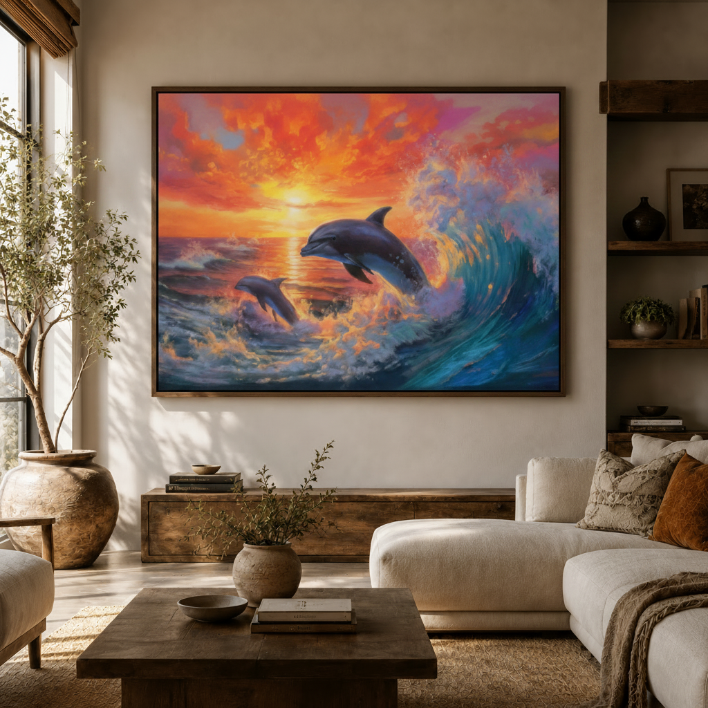 Vibrant dolphin ocean wave wall art hanging above walnut sideboard in modern living room with white curved sofa