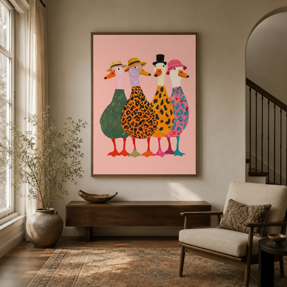 Whimsical duck wall art in natural wood float frame hanging in warm transitional entryway with arched doorway