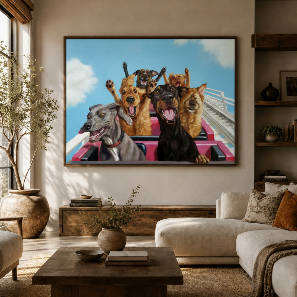 Hilarious dogs on roller coaster canvas art above sofa in modern neutral living room interior