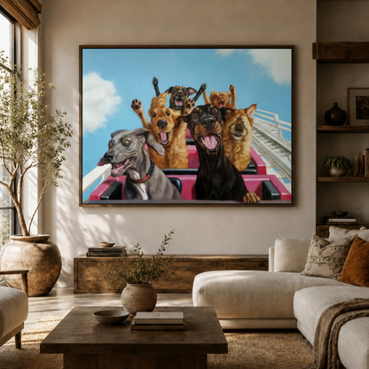 Hilarious dogs on roller coaster canvas art above sofa in modern neutral living room interior