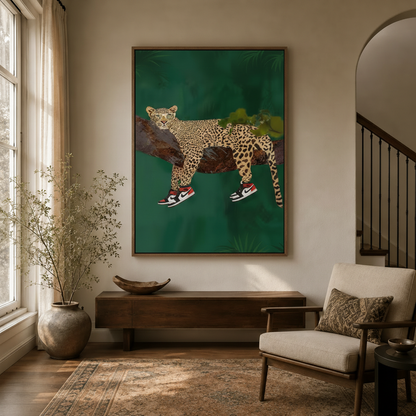 Streetwear leopard wall art framed in dark walnut displayed in modern organic entryway