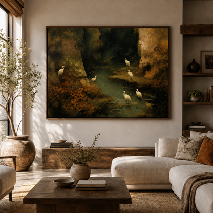 Moody egret canvas wall art displayed above a neutral living room seating area with warm natural light