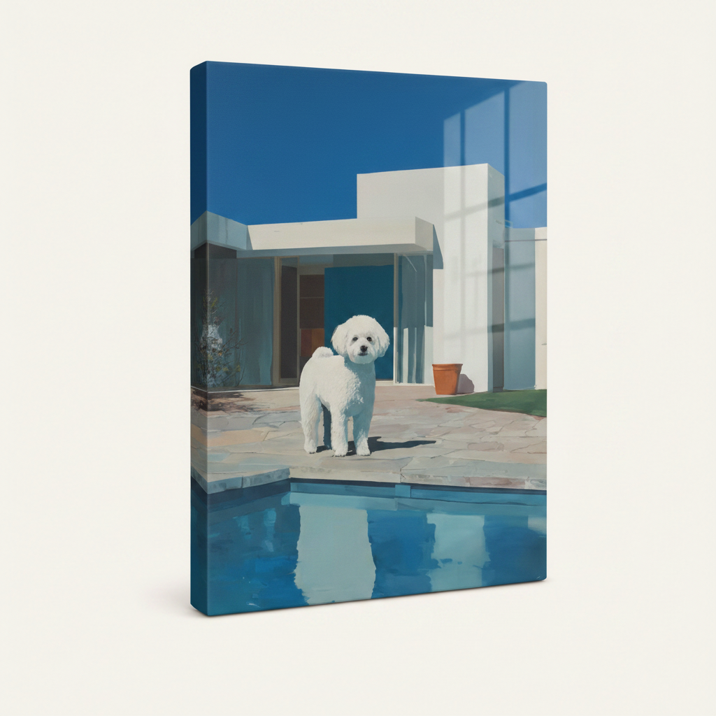 Gallery-wrapped canvas of white fluffy dog beside blue pool at modernist house shown at angle on off-white background
