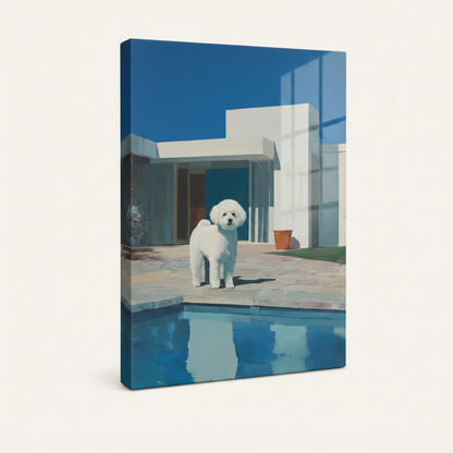 Gallery-wrapped canvas of white fluffy dog beside blue pool at modernist house shown at angle on off-white background