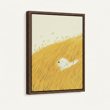 Hand-drawn white dog in golden wheat field canvas, dark walnut float frame, 3/4 angle on white background