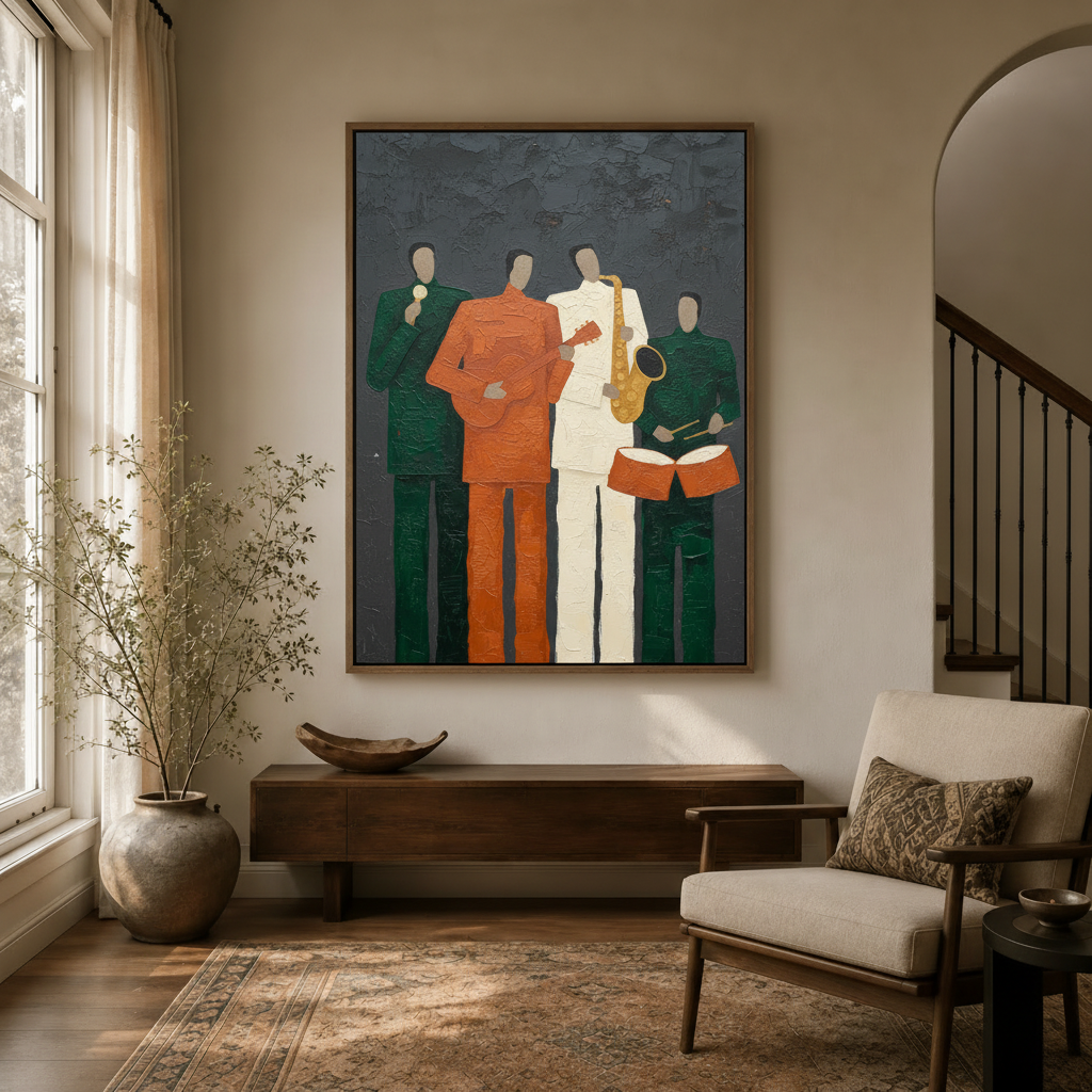 Four faceless jazz musicians impasto canvas print in dark walnut floating frame in modern entryway with arched doorway