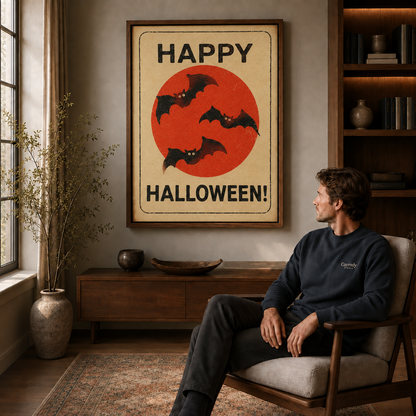 Vintage Halloween bat wall art displayed above a wood cabinet beside a seated man.