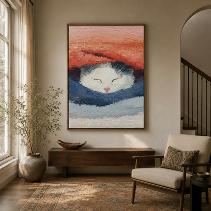 Cozy white cat canvas artwork in floater frame hanging above a dark walnut console in a modern entryway