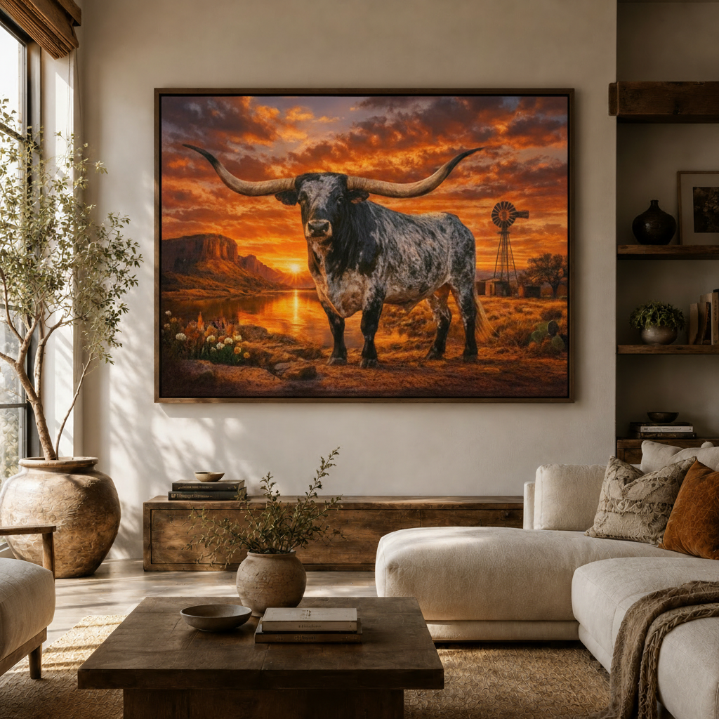 Western oil painting canvas wall art hung above sideboard in modern living room