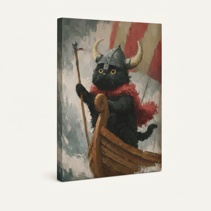 Gallery wrapped canvas side view of whimsical Viking cat artwork