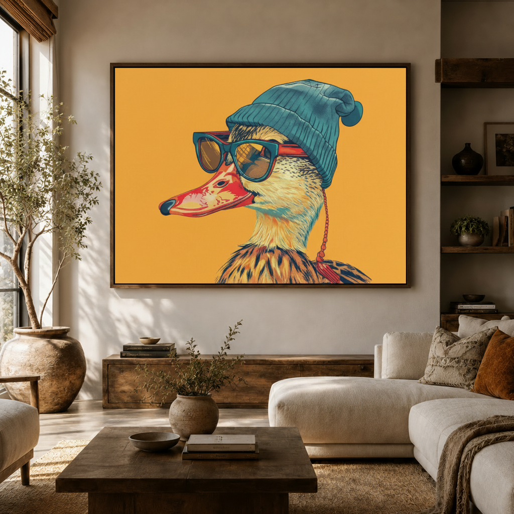 Funny duck wall art framed canvas above low console in bright modern living room