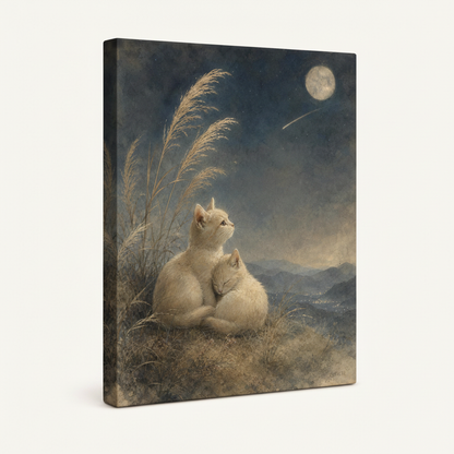 Side angle view of romantic two cats shooting star canvas print showing gallery-wrapped edge