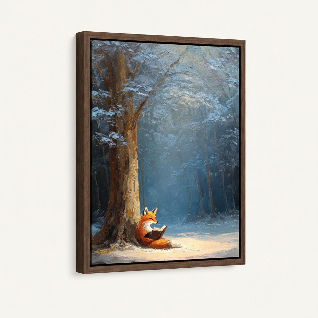 Orange fox reading under snow tree impressionist canvas in wide dark walnut float frame, 3/4 portrait angle